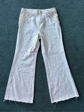 Free People We The Free Over The Rainbow White Cream Denim Flare Fray Size 31